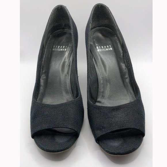Stuart Weitzman black textile tortoise shell wedge heel peep toe pumps Size 8M - Picture 1 of 12